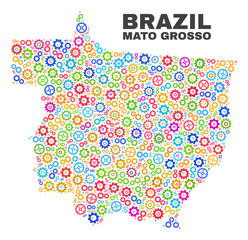 Mosaic technical Mato Grosso State map isolated on a white background. Vector geographic abstraction in different colors.