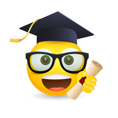 Excited smiley face in graduation cap. Happy emoticon in glasses holding diploma. Can be used for topics like university, school, education
