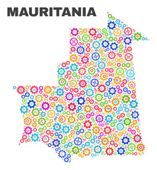 Mosaic technical Mauritania map isolated on a white background. Vector geographic abstraction in different colors. Mosaic of Mauritania map combined of scattered multi-colored cog items.