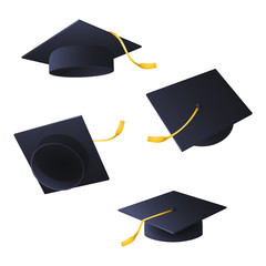 Flying graduation caps. Set of black caps with tassels. Can be used for topics like university, diploma, education 