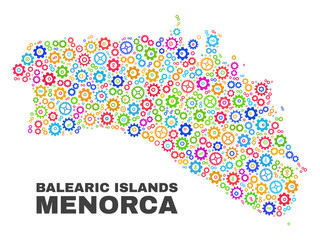 Mosaic technical Menorca Island map isolated on a white background. Vector geographic abstraction in different colors. Mosaic of Menorca Island map combined of scattered bright wheel elements.