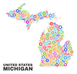 Mosaic technical Michigan State map isolated on a white background. Vector geographic abstraction in different colors. Mosaic of Michigan State map combined of random multi-colored cogwheel elements.