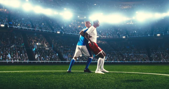 Soccer player catches a ball with his feet and continue his attack. The opposite team player tries to block him. Stadium and crowd are made in 3D and animated.