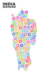 Mosaic technical Mizoram State map isolated on a white background. Vector geographic abstraction in different colors. Mosaic of Mizoram State map composed from scattered multi-colored gear elements.