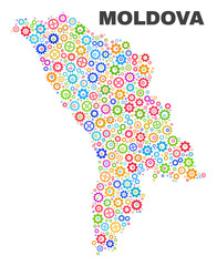 Mosaic technical Moldova map isolated on a white background. Vector geographic abstraction in different colors. Mosaic of Moldova map combined of random multi-colored gearwheel elements.