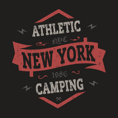 T-shirt graphics, typography. Vintage red emblem of NY athletic camp. Vector.