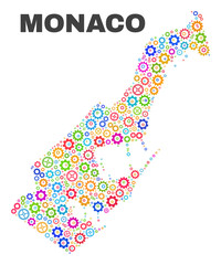 Mosaic technical Monaco map isolated on a white background. Vector geographic abstraction in different colors. Mosaic of Monaco map combined of random multi-colored cog items.