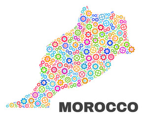 Mosaic technical Morocco map isolated on a white background. Vector geographic abstraction in different colors. Mosaic of Morocco map combined of random multi-colored gearwheel elements.