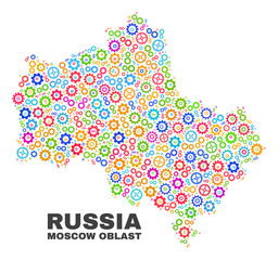 Mosaic technical Moscow Region map isolated on a white background. Vector geographic abstraction in different colors. Mosaic of Moscow Region map composed from random colorful wheel elements.