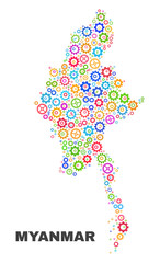 Mosaic technical Myanmar map isolated on a white background. Vector geographic abstraction in different colors. Mosaic of Myanmar map combined of random multi-colored cog elements.