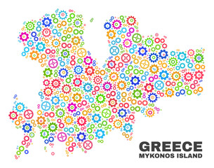 Mosaic technical Mykonos Island map isolated on a white background. Vector geographic abstraction in different colors. Mosaic of Mykonos Island map composed from random multi-colored cog items.