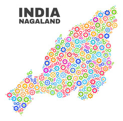 Mosaic technical Nagaland State map isolated on a white background. Vector geographic abstraction in different colors. Mosaic of Nagaland State map combined of scattered colorful gearwheel elements.
