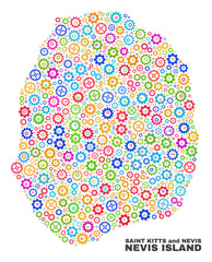 Mosaic technical Nevis Island map isolated on a white background. Vector geographic abstraction in different colors. Mosaic of Nevis Island map combined of random multi-colored cog items.