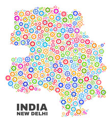 Mosaic technical New Delhi City map isolated on a white background. Vector geographic abstraction in different colors. Mosaic of New Delhi City map combined of scattered multi-colored cogwheel items.