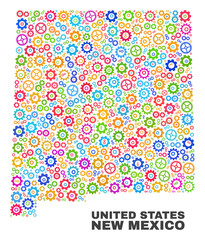 Mosaic technical New Mexico State map isolated on a white background. Vector geographic abstraction in different colors. Mosaic of New Mexico State map combined of random multi-colored cogwheel items.