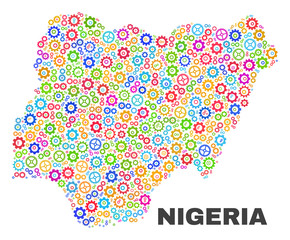 Mosaic technical Nigeria map isolated on a white background. Vector geographic abstraction in different colors. Mosaic of Nigeria map combined of scattered bright gearwheel elements.