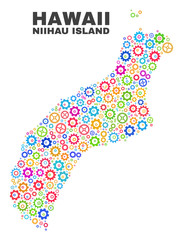 Mosaic technical Niihau Island map isolated on a white background. Vector geographic abstraction in different colors. Mosaic of Niihau Island map combined of scattered bright gearwheel elements.