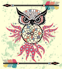 Boho style colored owl with tribal arrows. Bohemian tribal owl with a dream catcher. Totem owl