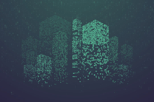 Glowing particles in form of futuristic city skyline. Futuristic dots pattern, abstract binary code  illustration