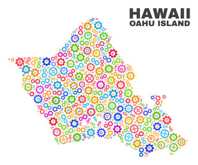 Mosaic technical Oahu Island map isolated on a white background. Vector geographic abstraction in different colors. Mosaic of Oahu Island map combined of random multi-colored cogwheel elements.