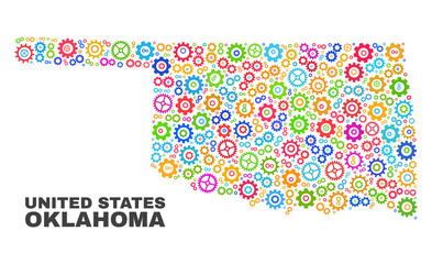 Mosaic technical Oklahoma State map isolated on a white background. Vector geographic abstraction in different colors. Mosaic of Oklahoma State map combined of random multi-colored gearwheel items.