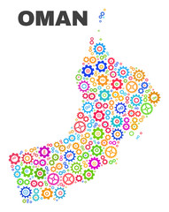 Mosaic technical Oman map isolated on a white background. Vector geographic abstraction in different colors. Mosaic of Oman map combined of scattered colorful gear items.