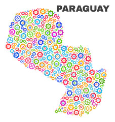 Mosaic technical Paraguay map isolated on a white background. Vector geographic abstraction in different colors. Mosaic of Paraguay map combined of random multi-colored gearwheel elements.
