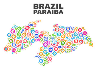 Mosaic technical Paraiba State map isolated on a white background. Vector geographic abstraction in different colors. Mosaic of Paraiba State map combined of scattered bright wheel elements.