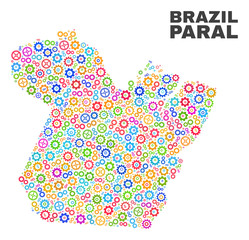 Mosaic technical Paral State map isolated on a white background. Vector geographic abstraction in different colors. Mosaic of Paral State map combined of random bright gearwheel items.