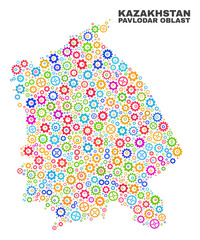 Mosaic technical Pavlodar Region map isolated on a white background. Vector geographic abstraction in different colors. Mosaic of Pavlodar Region map combined of random multi-colored gearwheel items.