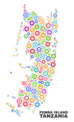 Mosaic technical Pemba island map isolated on a white background. Vector geographic abstraction in different colors. Mosaic of Pemba island map composed from random bright gear elements.