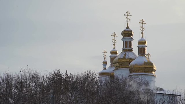 Big, beautiful church with snow lying on golden domes on clear, grey sky background. Stock. Winter landscape of the Cathedral standing among the trees.