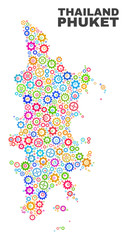 Mosaic technical Phuket map isolated on a white background. Vector geographic abstraction in different colors. Mosaic of Phuket map combined of scattered multi-colored wheel items.