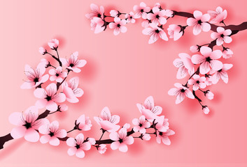 illustration of paper art and craft spring season cherry blossom concept,Springtime with sakura branch, Floral Cherry blossom with pink flowers on place text space white background,Paper cut vector. © 3d-ganeshaArtphoto