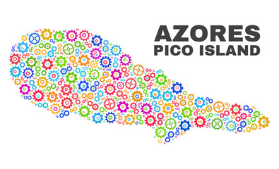 Mosaic technical Pico Island map isolated on a white background. Vector geographic abstraction in different colors. Mosaic of Pico Island map combined of random multi-colored gear items.