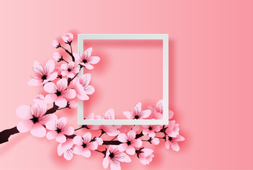 illustration of paper art and craft white frame spring season cherry blossom concept,Springtime with sakura branch, Floral Cherry blossom with pink flowers on place text space white background,vector.