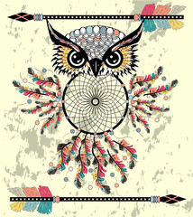 Patterned owl on the grunge background. African indian totem tattoo design.