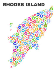 Mosaic technical Rhodes Island map isolated on a white background. Vector geographic abstraction in different colors. Mosaic of Rhodes Island map designed from random multi-colored cogwheel items.