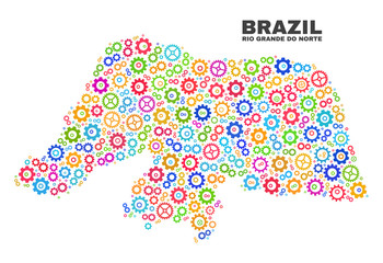 Mosaic technical Rio Grande do Norte State map isolated on a white background. Vector geographic abstraction in different colors.