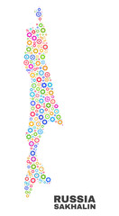 Mosaic technical Sakhalin Island map isolated on a white background. Vector geographic abstraction in different colors. Mosaic of Sakhalin Island map combined of random bright cog items.