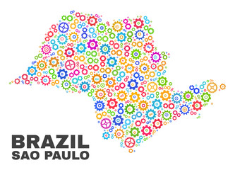 Mosaic technical Sao Paulo State map isolated on a white background. Vector geographic abstraction in different colors. Mosaic of Sao Paulo State map combined of random colorful wheel elements.
