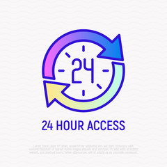 24 hour access thin line icon: clock in arrows. Modern vector illustration of day and night service.