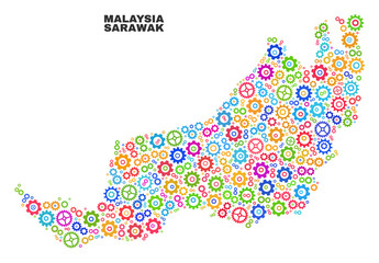 Mosaic technical Sarawak State map isolated on a white background. Vector geographic abstraction in different colors. Mosaic of Sarawak State map combined of scattered multi-colored wheel items.