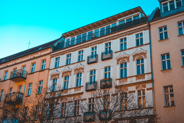 residential buildings with warm colored facade in the winter