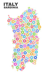 Mosaic technical Sardinia map isolated on a white background. Vector geographic abstraction in different colors. Mosaic of Sardinia map combined of random multi-colored wheel elements.