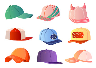 Colorful baseball caps set isolated on white background