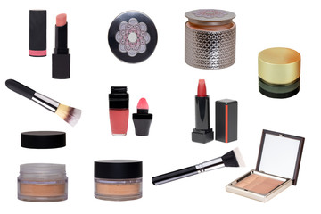 Cosmetic products. Collage Set or collection of cosmetic and beauty products isolated on a white background. Woman accessories.
