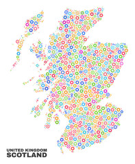 Mosaic technical Scotland map isolated on a white background. Vector geographic abstraction in different colors. Mosaic of Scotland map designed from random multi-colored cog items.