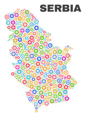 Mosaic technical Serbia map isolated on a white background. Vector geographic abstraction in different colors. Mosaic of Serbia map combined of random multi-colored gear items.