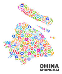 Mosaic technical Shanghai City map isolated on a white background. Vector geographic abstraction in different colors. Mosaic of Shanghai City map combined of random multi-colored cog elements.